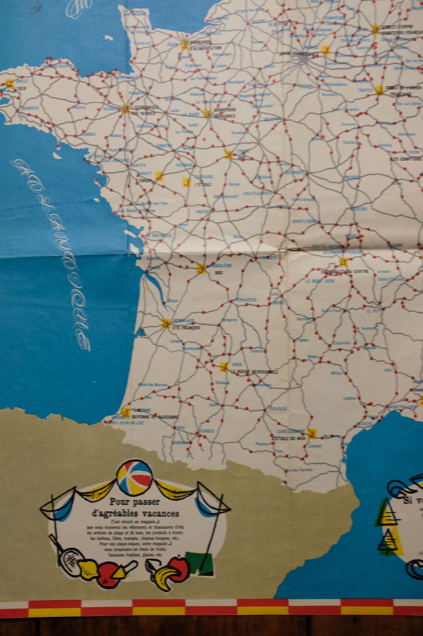 Carte touristique publicitaire des magasins J de 1961