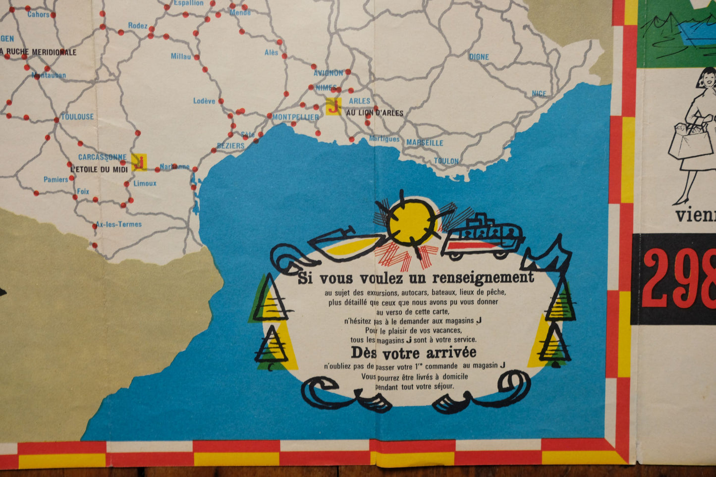 Carte touristique publicitaire des magasins J de 1961