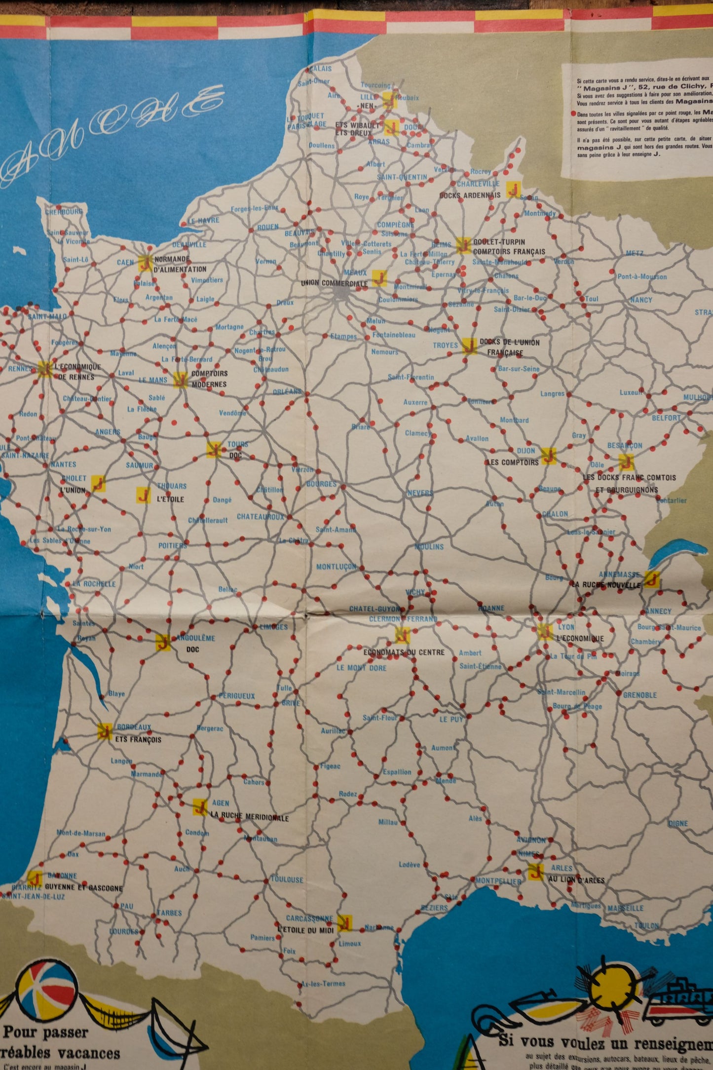 Carte touristique publicitaire des magasins J de 1961