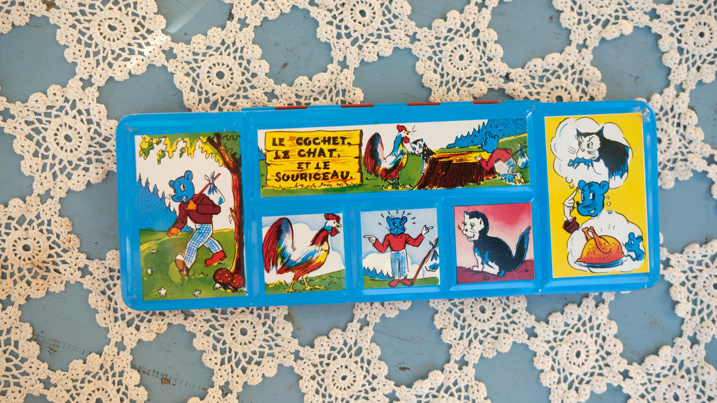 Boîtes de peinture vintage en métal illustrées d'une fable