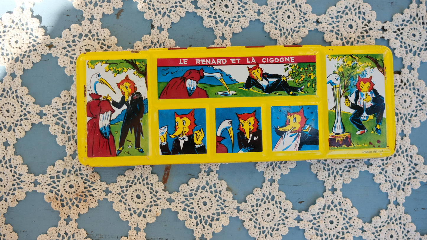 Boîtes de peinture vintage en métal illustrées d'une fable