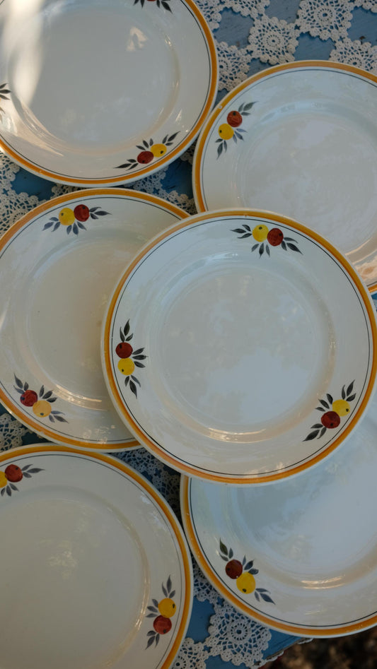 Lot de six assiettes décor pommes moulin des loups terre de fer vintage