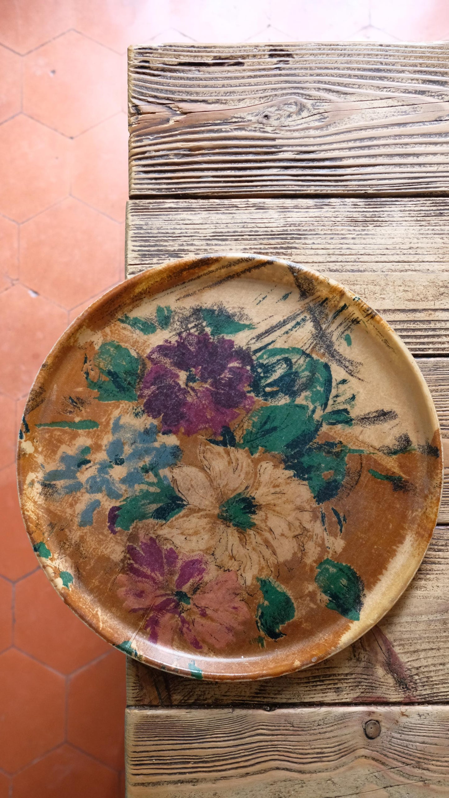 Plateau rond vintage en fibre de verre motif fleurs