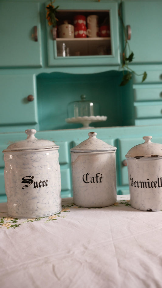 Lots de 3 pots de stockage vintage en tôle émaillée