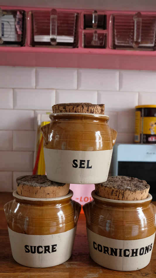 Lot de trois pots de stockage vintage en grès LML