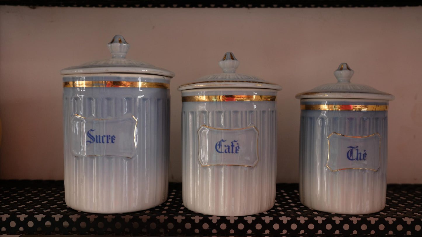 Lot de trois pots de stockage vintage en aluminite Prugier