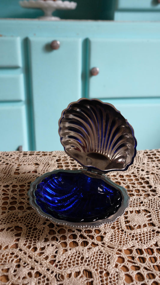 Beurrier coquillage vintage en métal argenté et verre