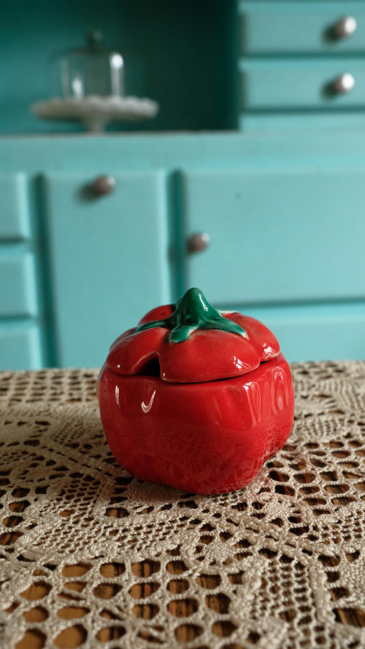 Boîte/moutardier en barbotine tomate vintage