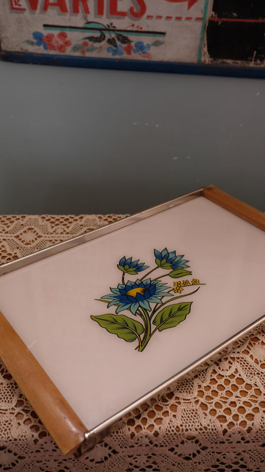 Plateau vintage en verre bois et métal