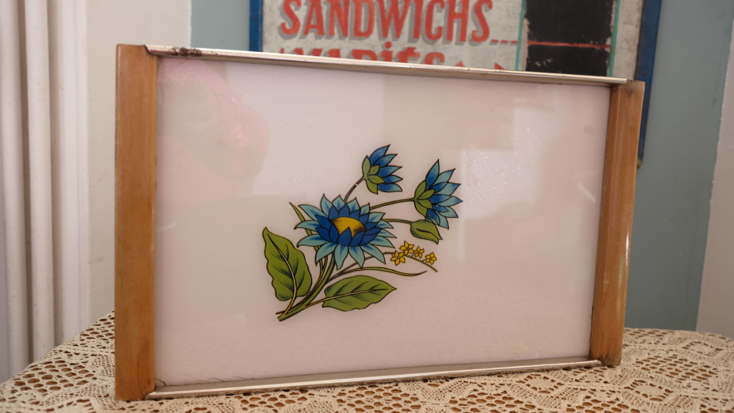 Plateau vintage en verre bois et métal