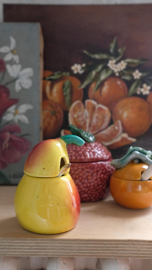 Moutardier/confiturier en barbotine poire vintage
