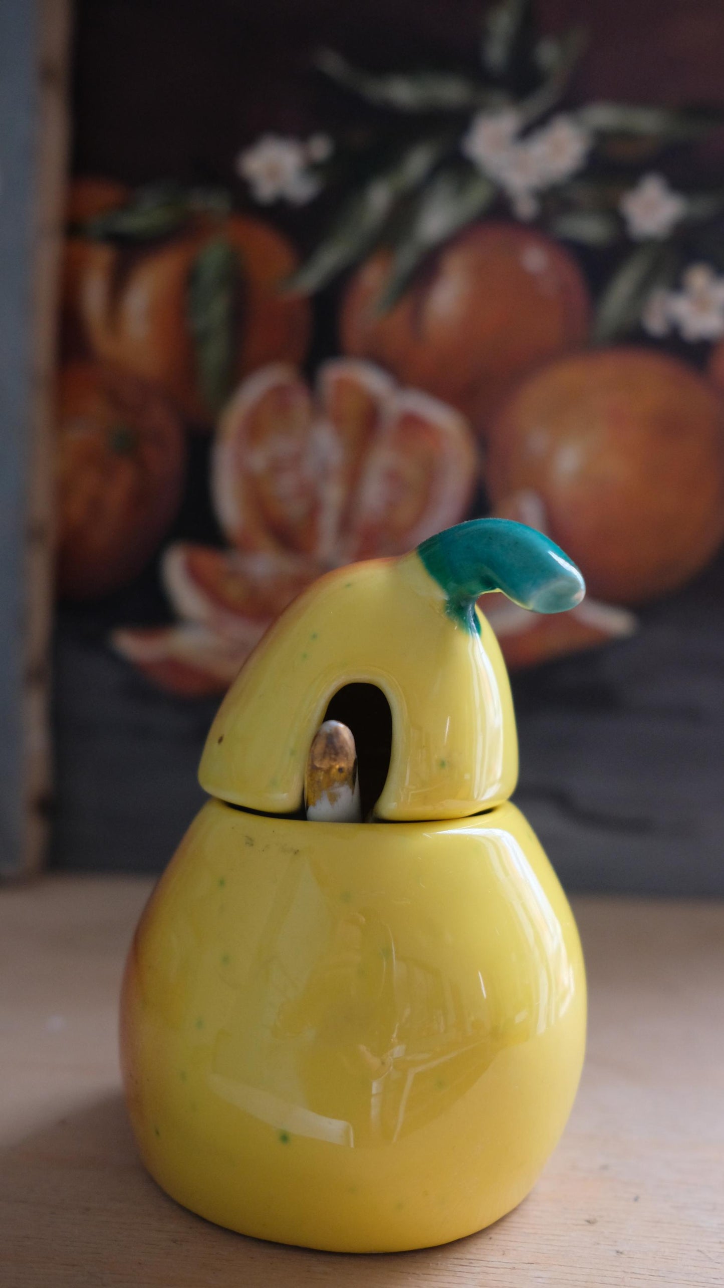 Moutardier/confiturier en barbotine poire vintage