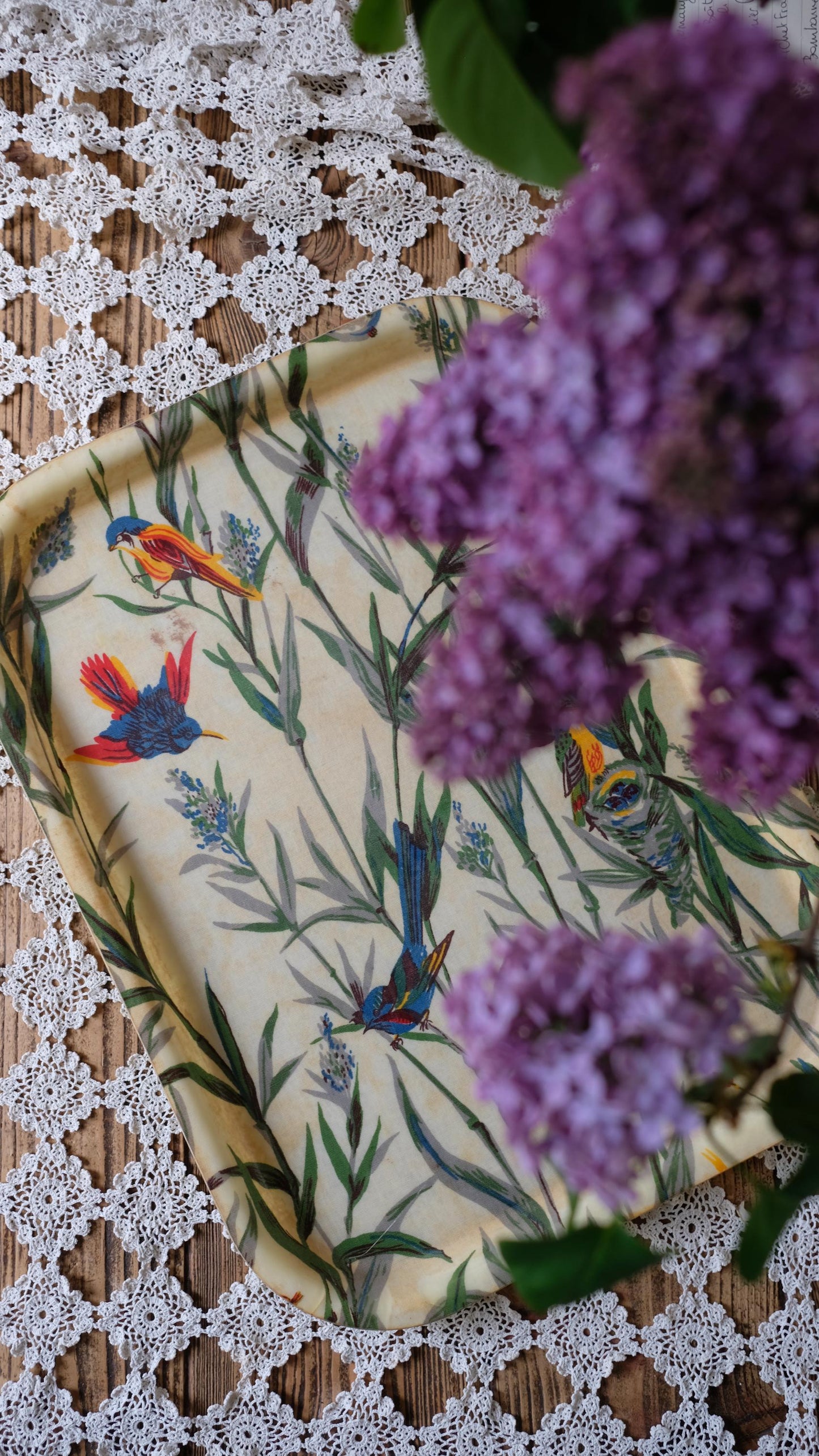 Plateau Manover vintage en fibre de verre, motif oiseaux