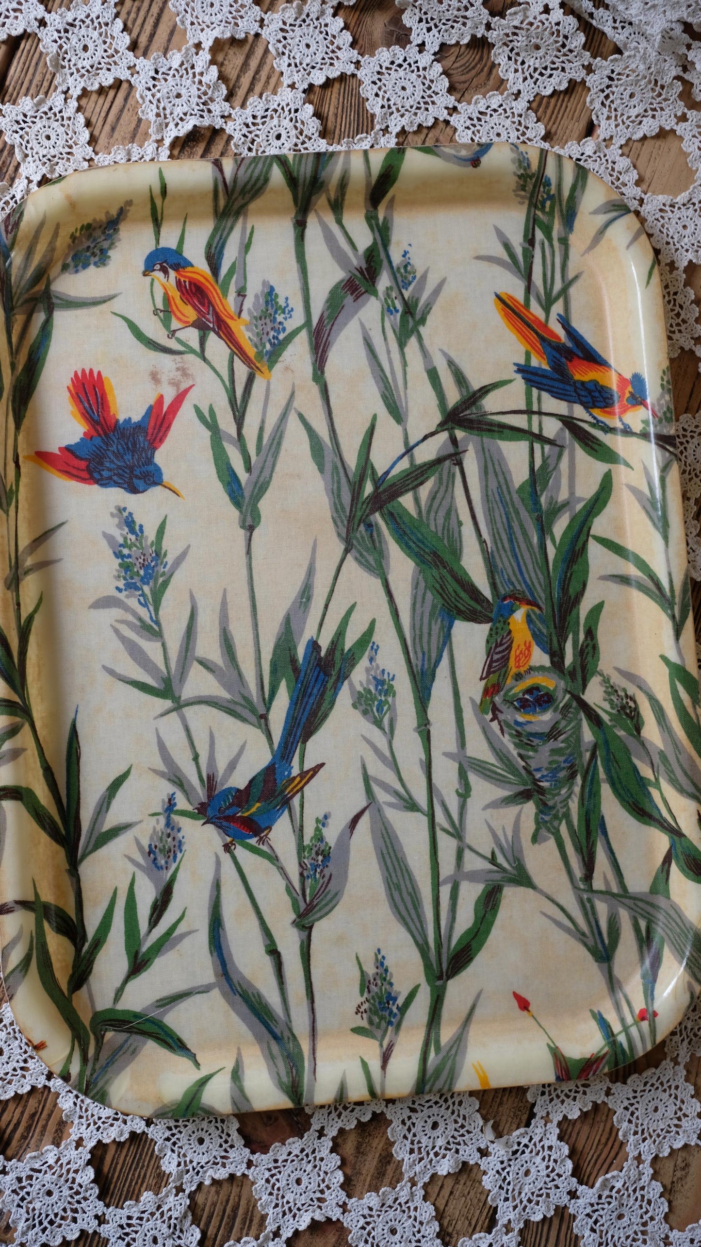 Plateau Manover vintage en fibre de verre, motif oiseaux