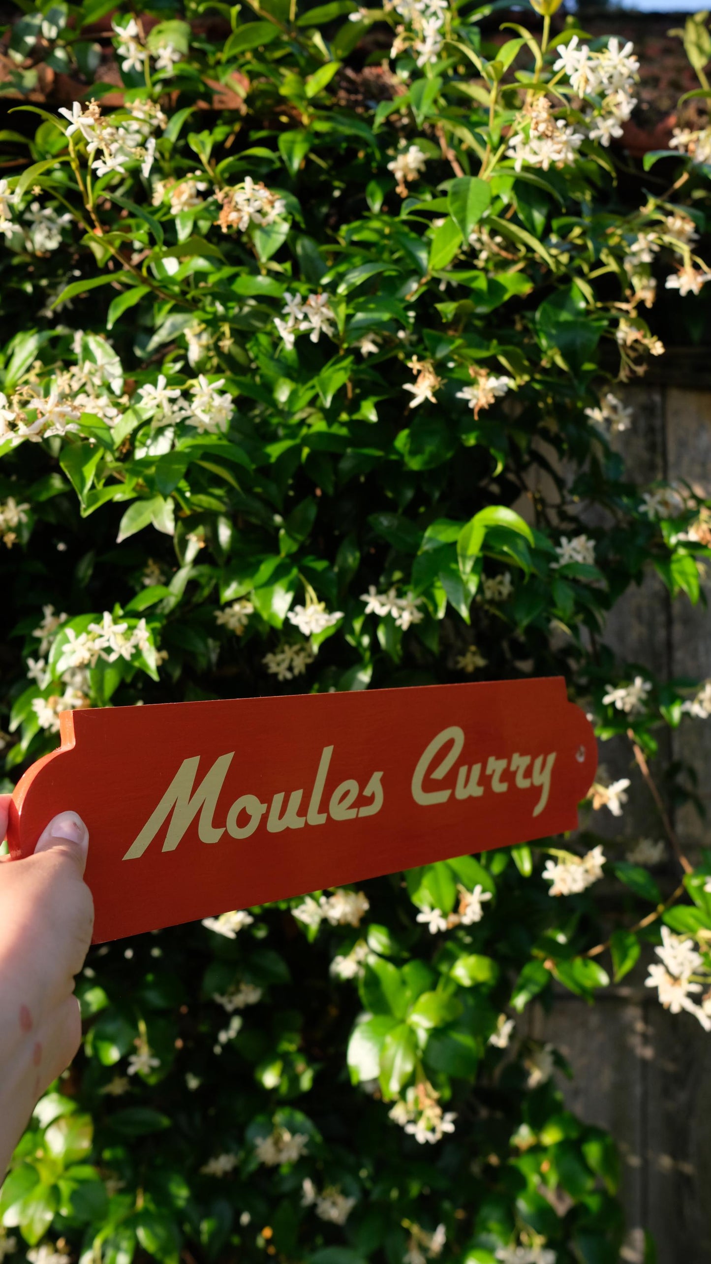 Pancarte en bois "moules curry" Léon de Bruxelles