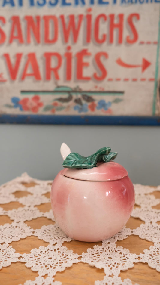 Pot à moutarde/confiture en barbotine pêche vintage