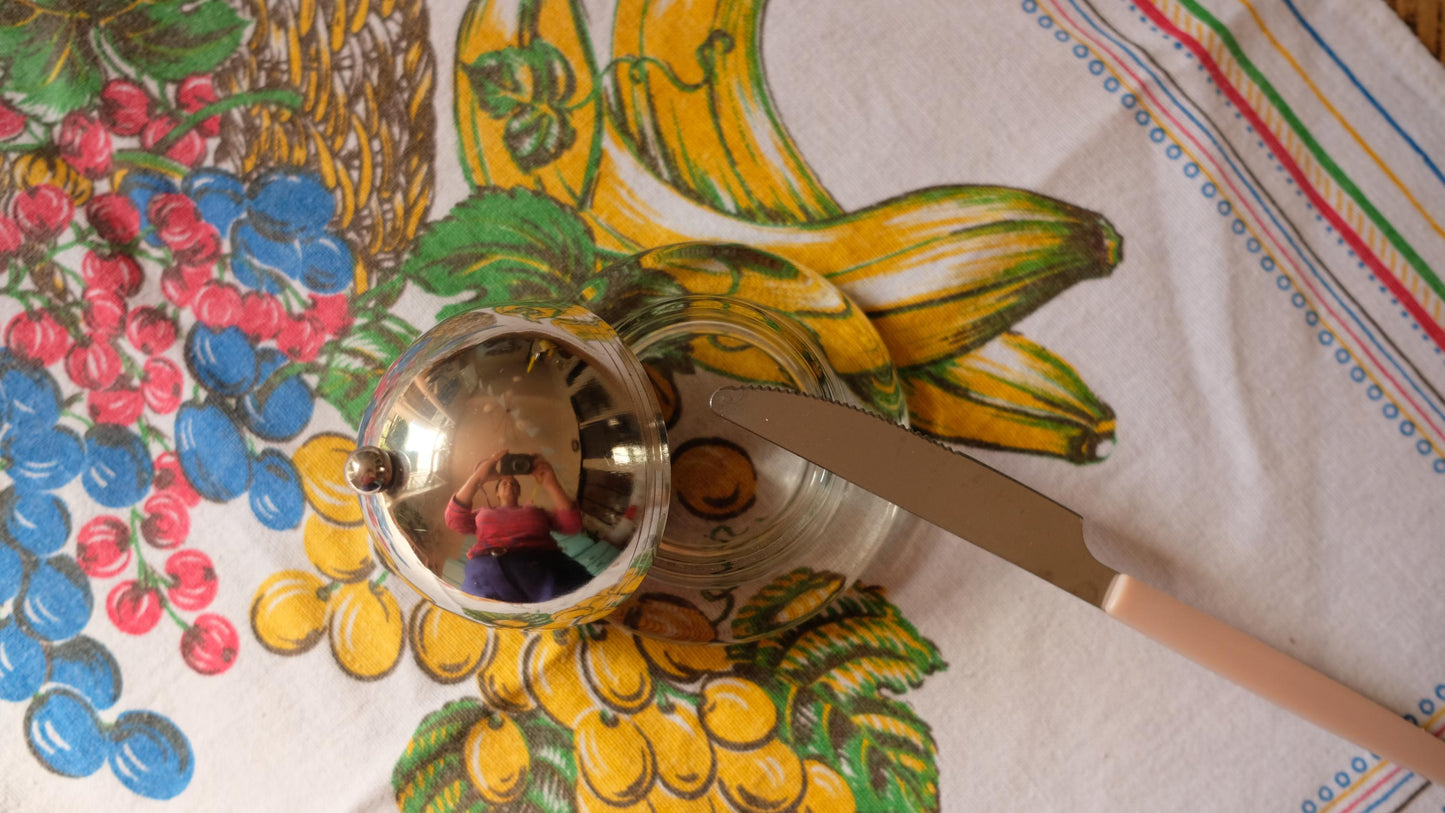 Beurrier vintage en métal argenté et verre