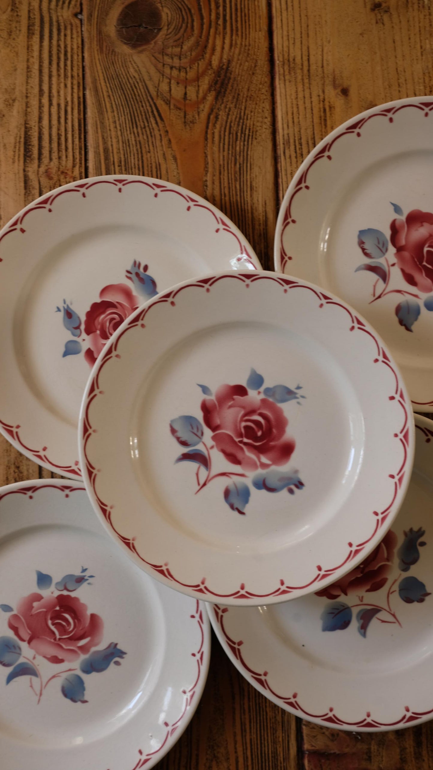 Lot de dix assiettes vintage motif rose