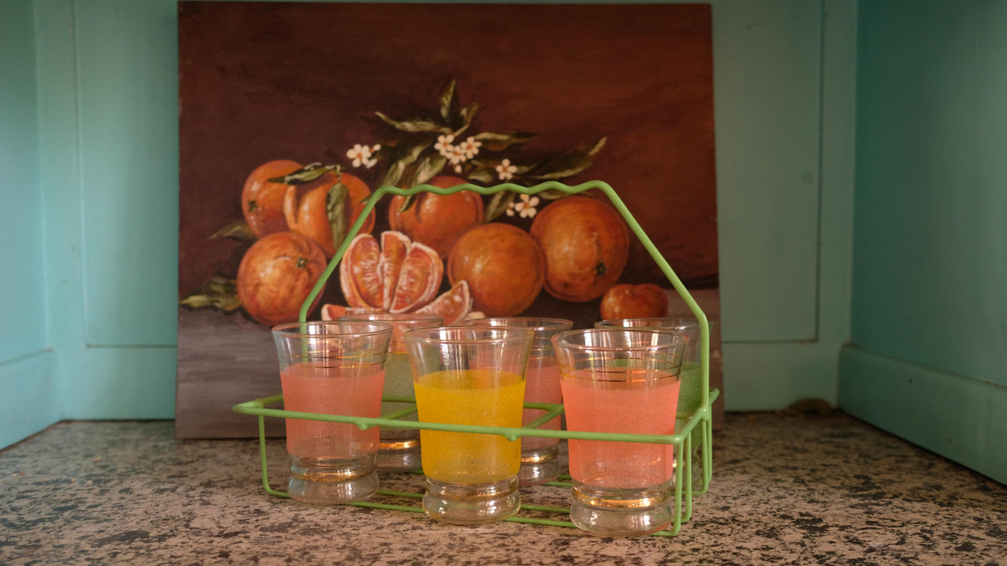 Lot de six verres givrés vintage et panier vintage en métal