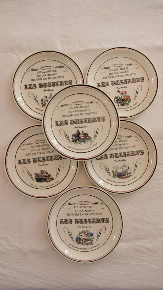 Ensemble de six assiettes à dessert Gien vintage "les aventures du gourmand"